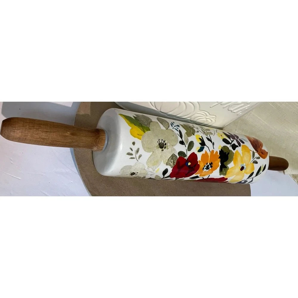 Pioneer Woman RETIRED ceramic Rolling Pin Fall Flowers Autumn Harvest Floral